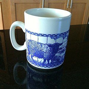 Vintage Churchill Sheep Coffee Mug Blue White Tea Cup England Farm Animals Lambs